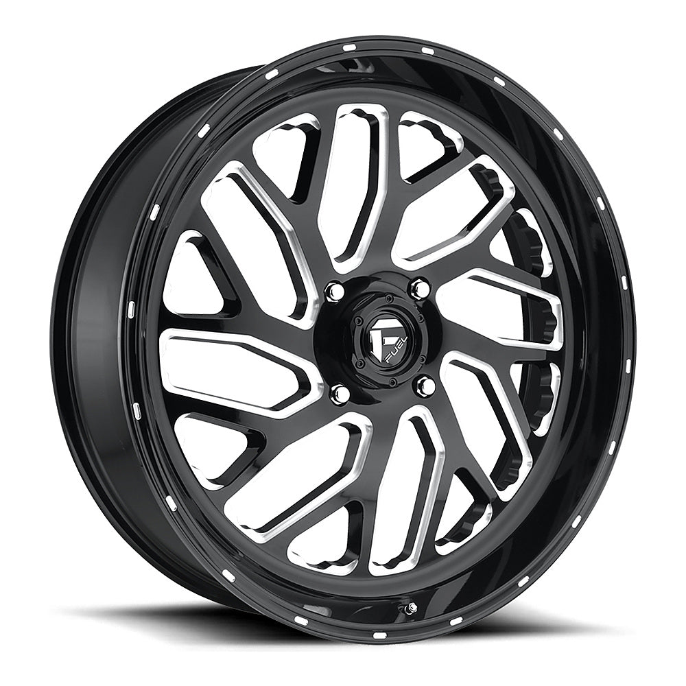 Fuel Triton D581 UTV wheel in gloss black milled, angled front view, 24x7