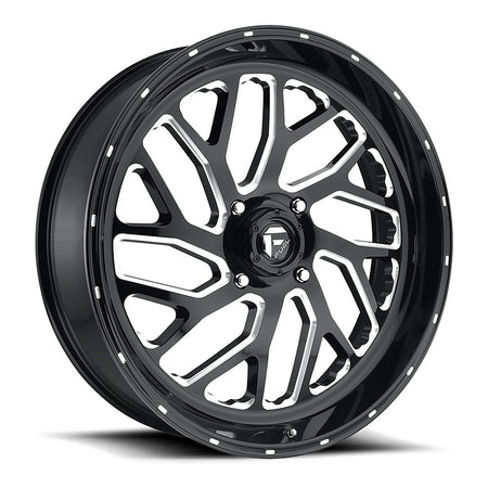 Fuel Triton D581 UTV wheel in gloss black milled, angled front view, 24x7