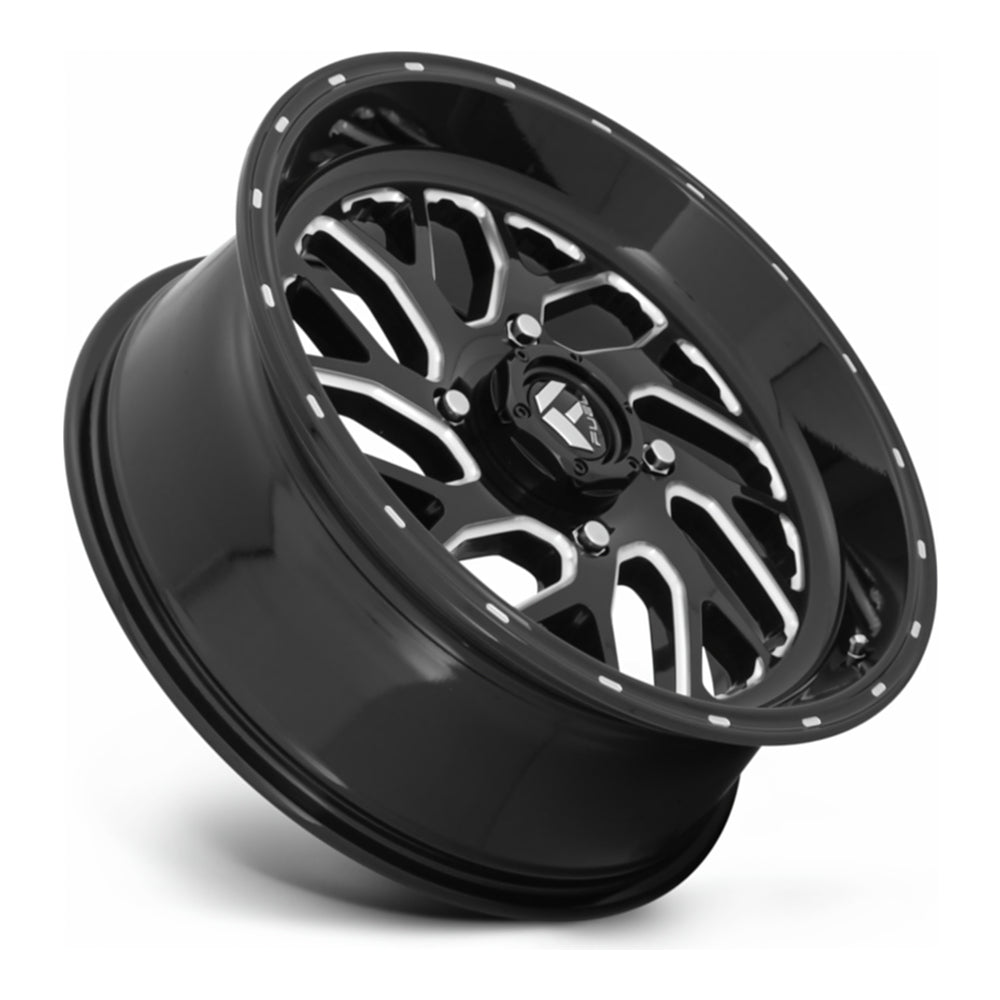 Fuel Triton D581 UTV wheel in gloss black milled, side angle showing the barrel and lip
