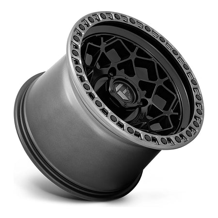 Fuel Unit D783 UTV wheel in matte black with gunmetal ring, side angle showing the barrel and lip