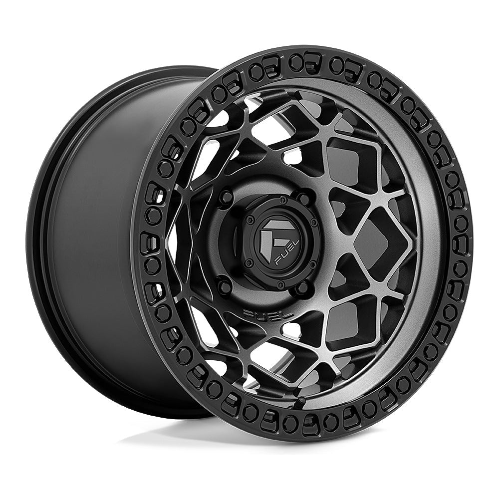 Fuel Unit D784 UTV wheel in gunmetal with matte black ring, angled front view, 15x10 / 15x7