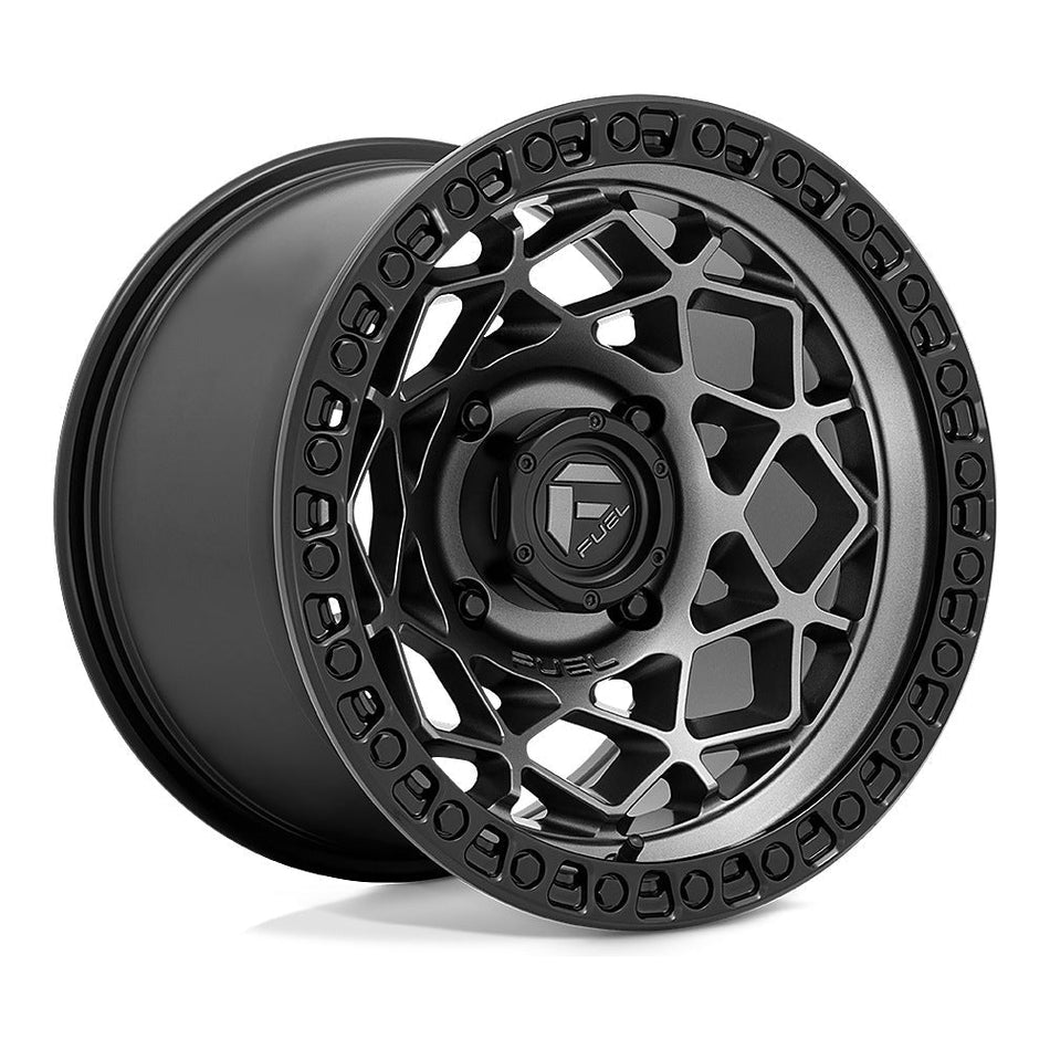 Fuel Unit D784 UTV wheel in gunmetal with matte black ring, angled front view, 15x10 / 15x7