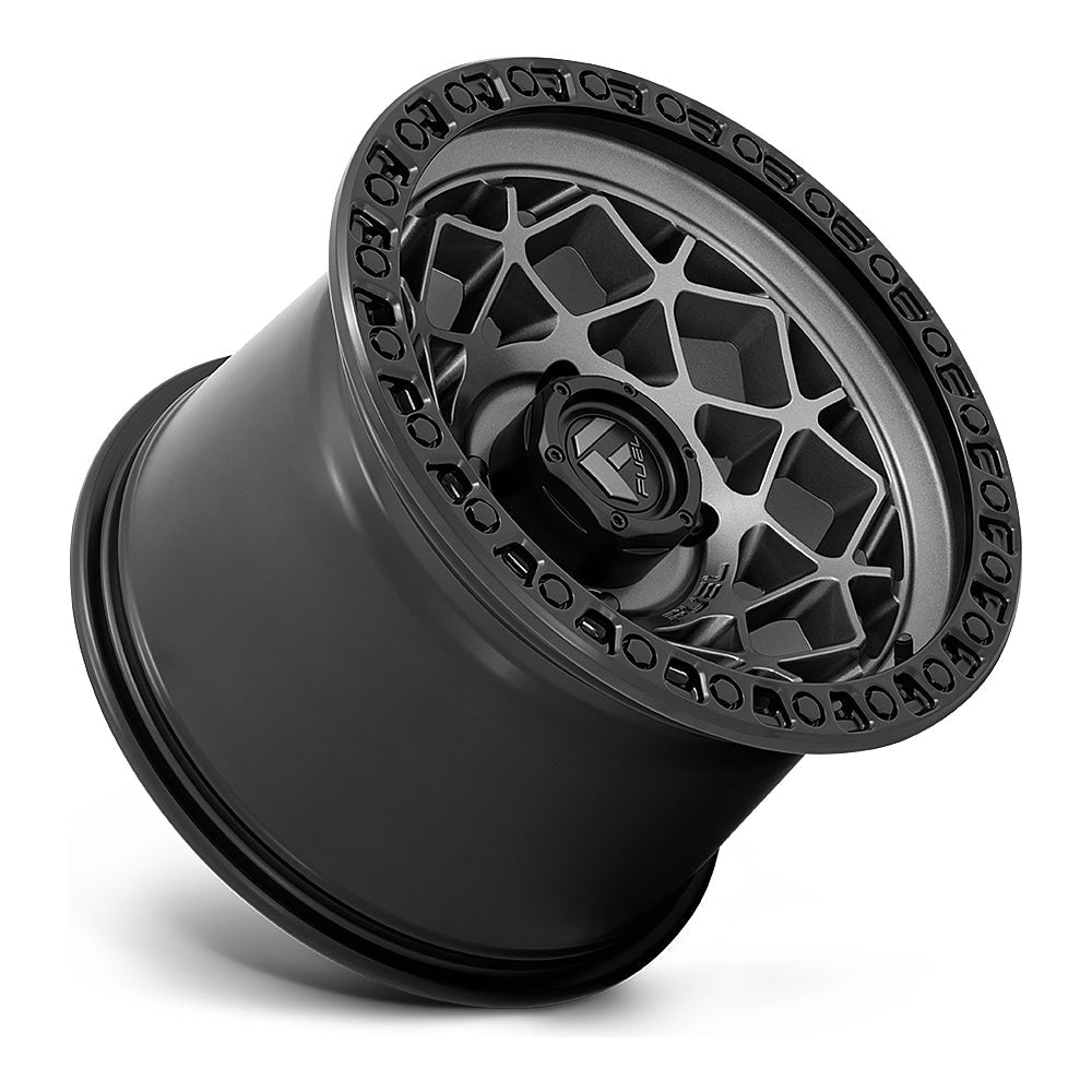 Fuel Unit D784 UTV wheel in gunmetal with matte black ring, side angle showing the barrel and lip