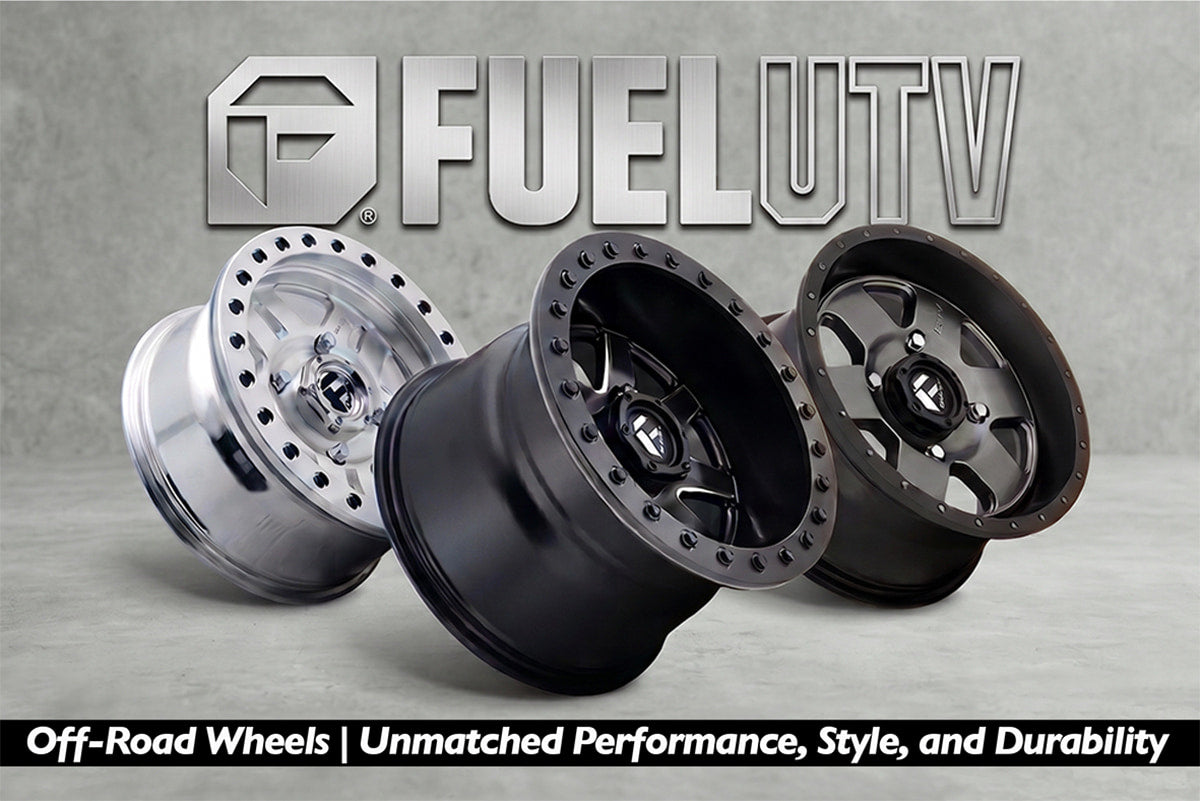 Brand snippet for Fuel UTV of three SXS wheels shown in three finishes: polished silver, matte black, and dark gray. The FuelUTV logo is displayed at the top, and a black banner at the bottom reads 'Off-Road Wheels | Unmatched Performance, Style, and Durability'.