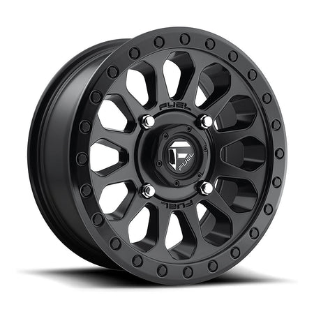 Fuel Vector D579 UTV wheel in matte black, angled front view, 14x7 / 15x7
