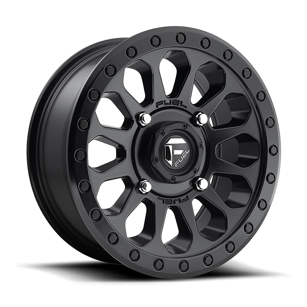 Fuel Vector D579 UTV wheel in matte black, angled front view, 14x7 / 15x7