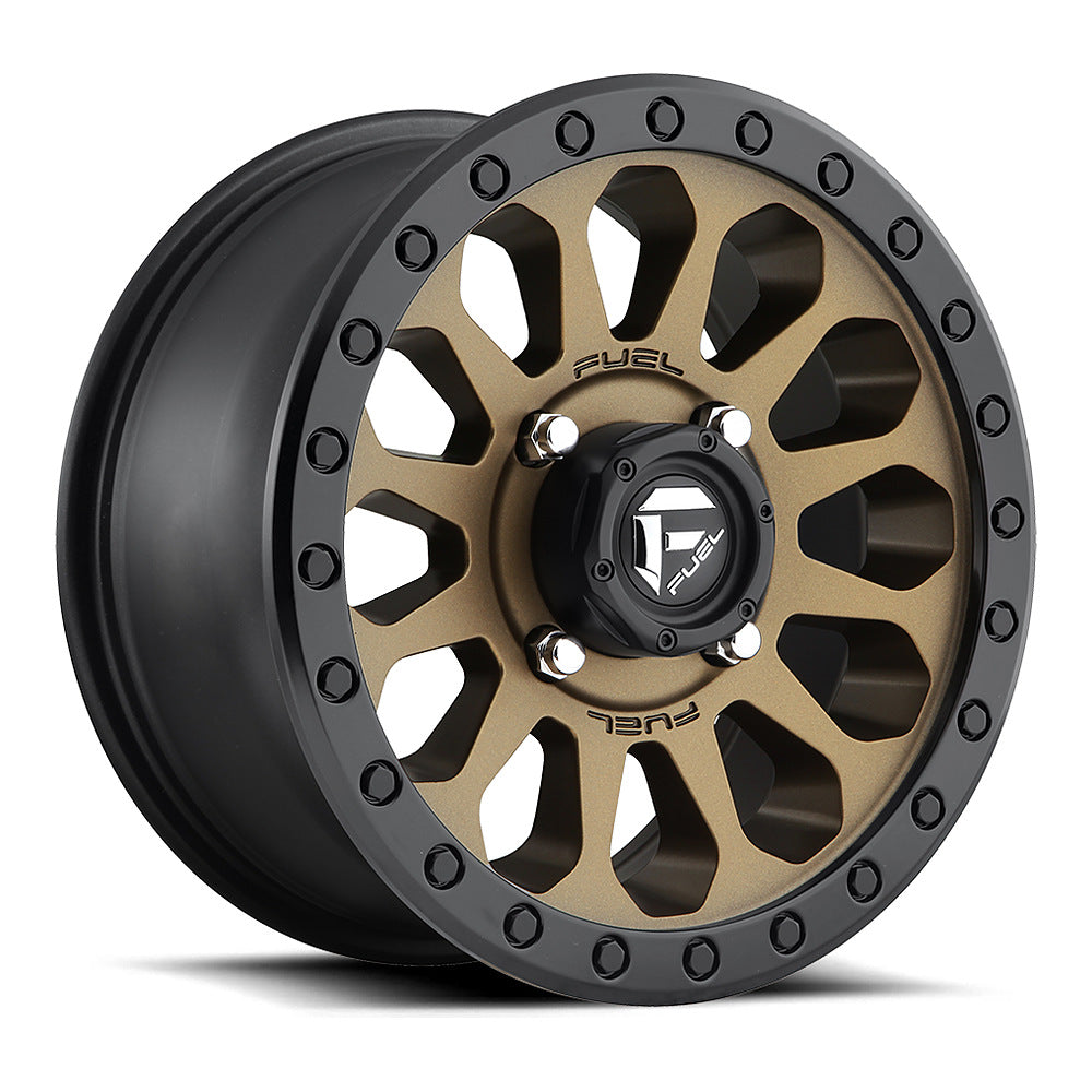 Fuel Vector D600 UTV wheel in matte bronze with black bead ring, angled front view