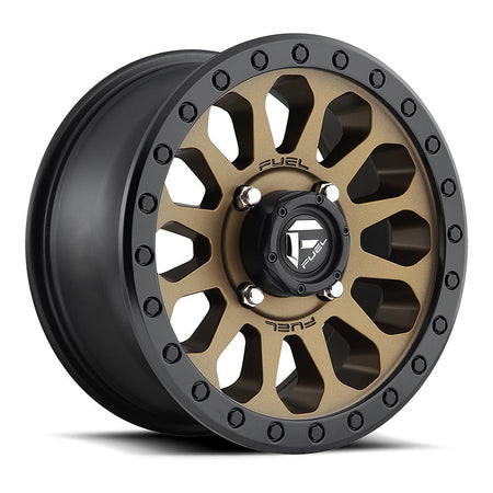 Fuel Vector D600 UTV wheel in matte bronze with black bead ring, angled front view