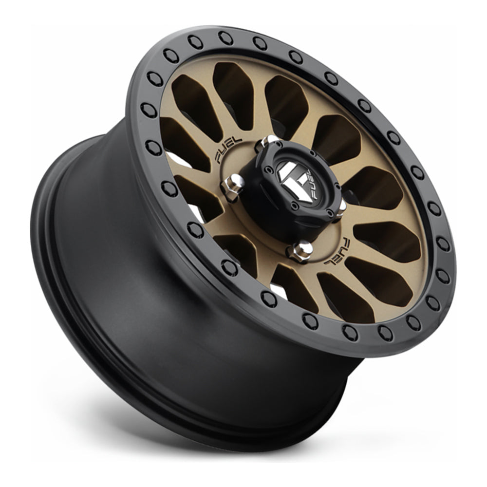 Fuel Vector D600 UTV wheel in matte bronze with black bead ring, side angle showing the barrel and lip