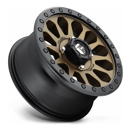 Fuel Vector D600 UTV wheel in matte bronze with black bead ring, side angle showing the barrel and lip