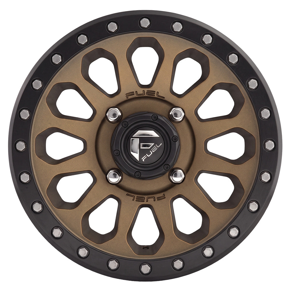 Straight on face view of the Fuel UTV D600 VECTOR 15x7 Matte Bronze Black Bead Ring Wheel with 13mm or 38mm offset and 4/137 or 4/156 bolt pattern, sold by authorized dealer Ride or Die Tire.