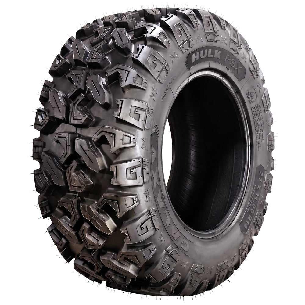 Angled view of the new Yokohama Galaxy Hulk PSX 8-ply nylon radial All-Terrain utility heavy duty rear tire designed for agricultural and hard surface / pavement use, with a high load rating and durable design, available in sizes for 12" and 14" rims, all offered with free shipping.