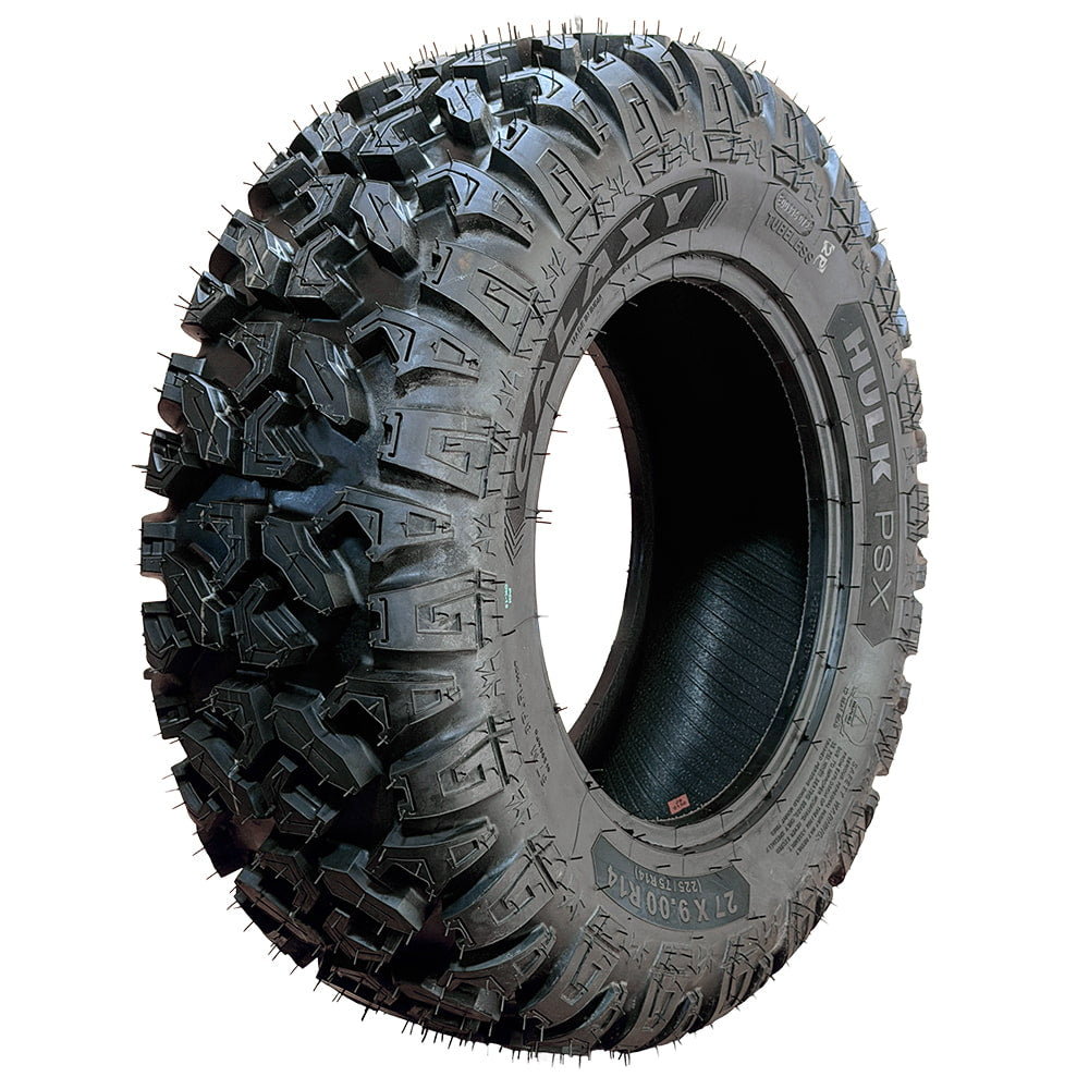 Angled view of the new Yokohama Galaxy Hulk PSX 8-ply nylon radial All-Terrain utility heavy duty tire designed for agricultural and hard surface / pavement use, with a high load rating and durable design, available in sizes for 12" and 14" rims, all offered with free shipping.