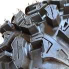 Close up detailed tread view of the unique lug design and pattern of the Galaxy Hulk PSX farm, ranch, and multi-purpose UTV and side-by-side tire, designed with a long lasting and high traction rubber compound.