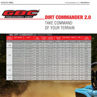 Specifications chart and details of the 8-Ply GBC Dirt Commander all terrain radial tires in sizes for 12", 14", 15", and 17" wheels sizes.