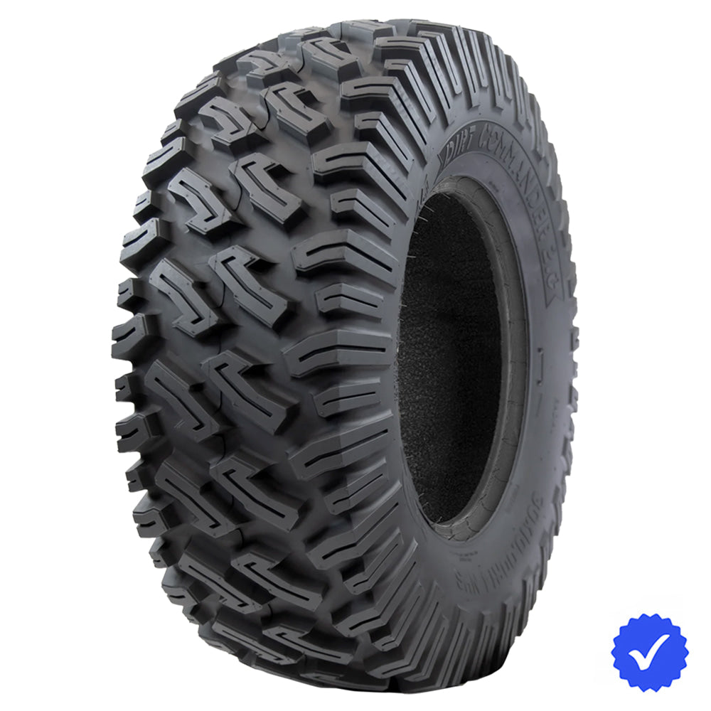 Angled view of the high performance clamshell mold construction 8-ply Nylon Radial Greenball Kanati Dirt Commander 2.0 Side-by-Side and UTV tire, available in many sizes, all offered with fast and free shipping with some models special order.