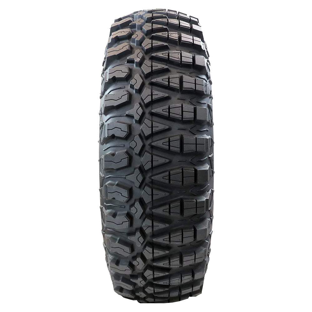 Tread pattern and lug design features and details of the Greenball GBC Terra Master 10-ply SBR UTV and SXS tire, showcasing a dual tread pattern design and enhanced cornering stability at high speeds.