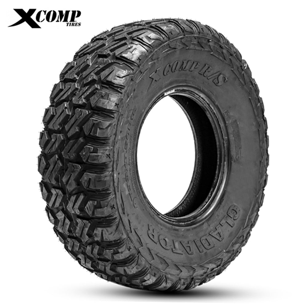 Angled view of the high performance off road all terrain 10-ply SBR steel belted radial UTV and SXS tire by Gladiator, the XComp R/S 33x9.5R15 tire, offered with free shipping by Ride or Die Tire.