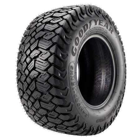 Angled view of the all new Goodyear Softrac Pro lawn, garden, and turf tire designed for UTV, ZTR, and garden tractors, featuring a high traction tread pattern design, and heavy duty 4-ply construction with robust load ratings, sold with fast and free shipping.