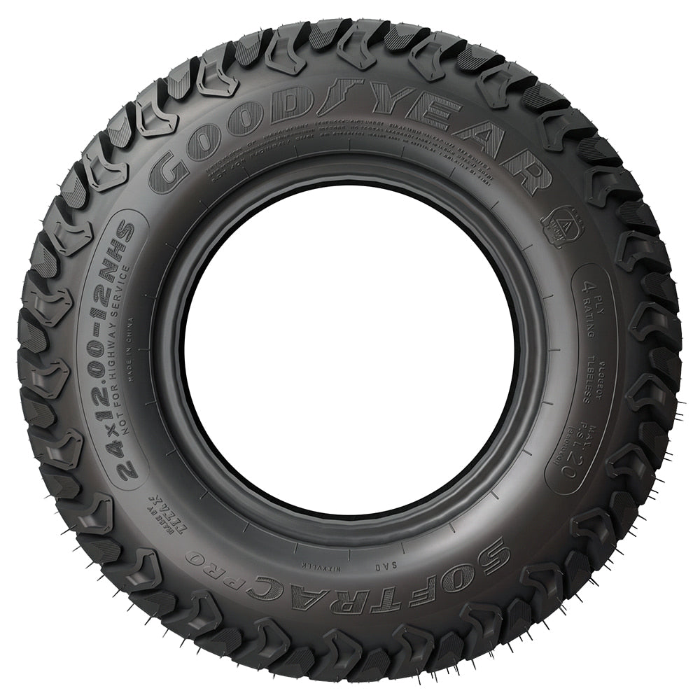 Full sidewall view of the Goodyear Softrac Pro lawn, garden, utility, and ztr tire in 24x12-12 size, featuring high quality construction and great lawn traction, while still protecting turf from damage.