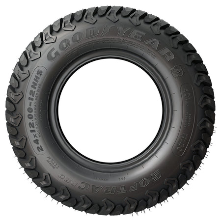 Full sidewall view of the Goodyear Softrac Pro lawn, garden, utility, and ztr tire in 24x12-12 size, featuring high quality construction and great lawn traction, while still protecting turf from damage.