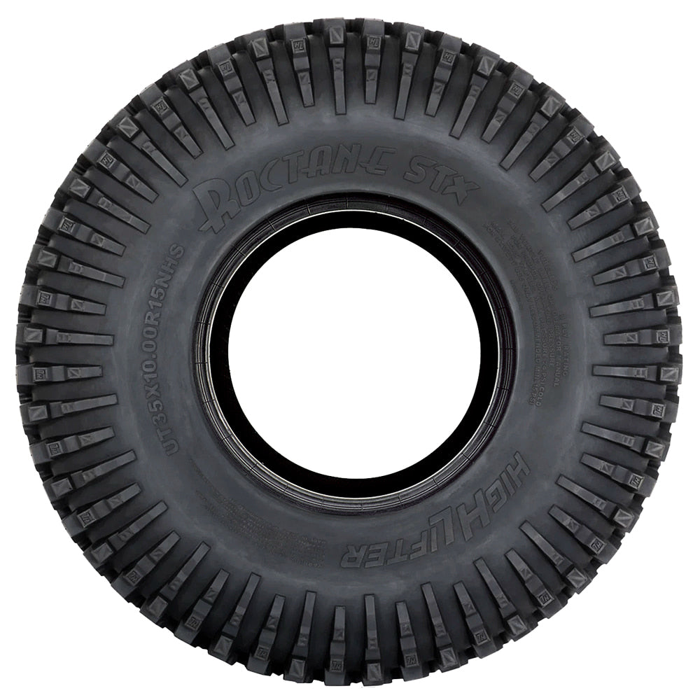 Sidewall view of the STI High Lifter Roctane ST and STX radial SXS and UTV tires, featuring deep rim guard and NHS rating for off road use, sold by Ride or Die Tire.