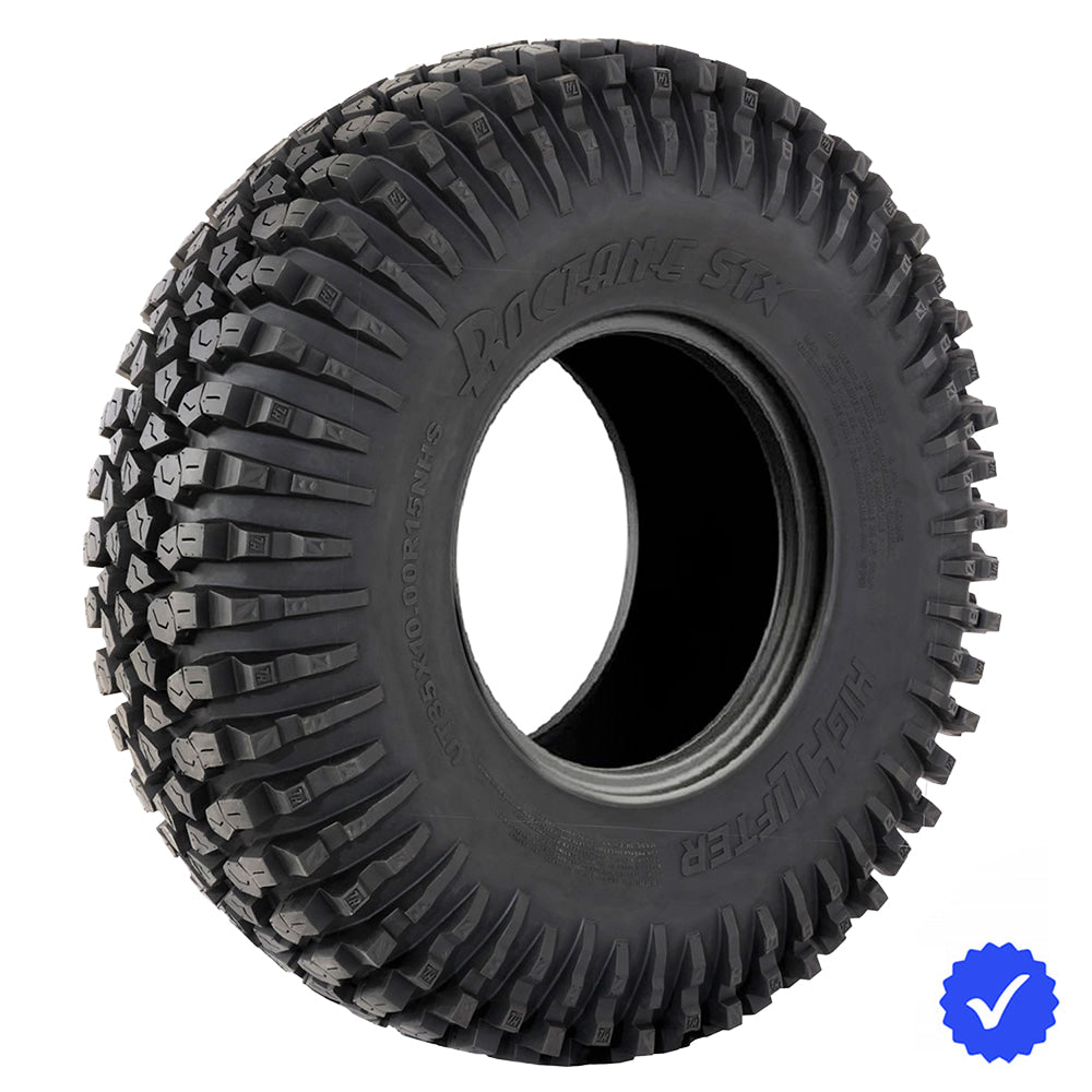 Angled view of the high performance rock crawling High Lifter Roctane ST Side-by-Side and UTV tire models, showcasing the unique High Lifter rubber compound for slick surface traction and extended wear life, offered with fast and free shipping and available in 14" and 15" rim sizes with 10-ply radial construction.