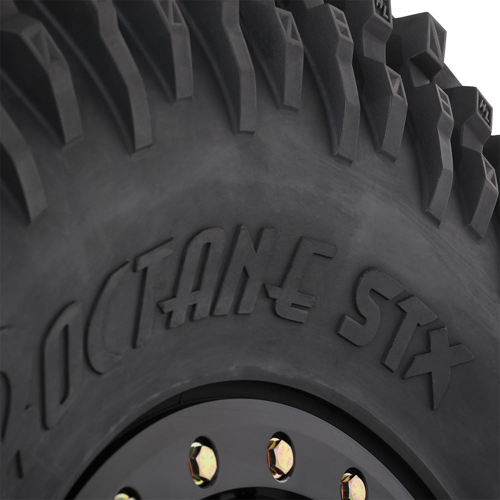 Close up detailed sidewall view of the High Lifter Roctane STX 8-ply radial tire, showcasing the aggressive sidewall lug design.