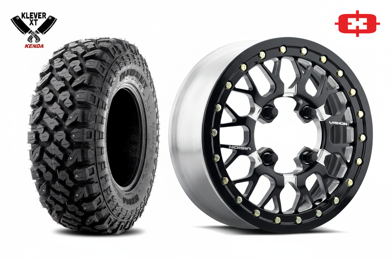 Kenda Klever X/T UTV tire and Vision 346BL Storm Forged Milled Black Beadlock wheel combo with Kenda and Vision brand logos
