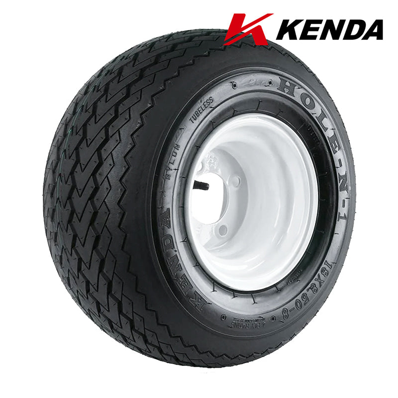 Angled view of an individual mounted Kenda Hole-N-1 wheel and tire assembly.