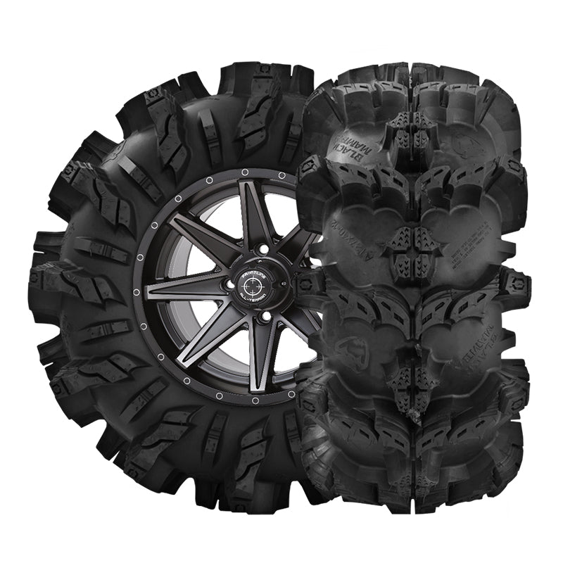 Alternate views of tread and sidewall of Interco Black Mamba extreme duty ATV and UTV tire.