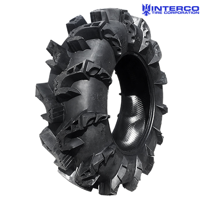 Angled view of the Interco Gorilla Silverback MT2 extreme mud UTV, ATV, and SXS tire featuring unmatched pulling power, 3-stage lug technology, and extreme puncture resistance, offered with free shipping.