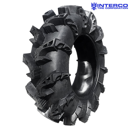 Angled view of the Interco Gorilla Silverback MT2 extreme mud UTV, ATV, and SXS tire featuring unmatched pulling power, 3-stage lug technology, and extreme puncture resistance, offered with free shipping.