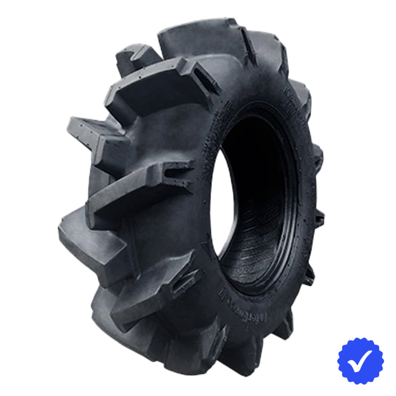 Angled view of the heavy duty 6-ply bias mud and snow ag-style tire for UTV and ATV applications in 30x9-14 size, featuring 2.5 inch deep angled tractor-style lug design, model Interco Interforce II, sold with free shipping.