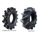 Angled view of the differences in Interco Interforce II tire lug pattern design between the standard models and the special R2-30 tire in 30x9-14 sizing.