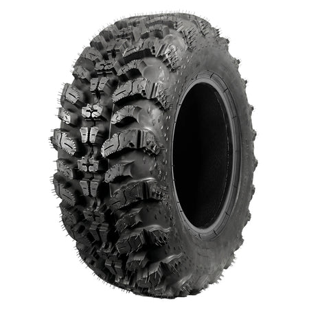 Angled view of the rugged 8-ply radial ATV and UTV Sniper 920 Radial tire by Interco, featuring high traction, lightweight design, responsive, exceptional puncture resistance, great for a wide variety of terrains, smooth and quiet performance, offered with free shipping and available in 12", 14", and 15" rim sizes, all sizes offered with free shipping.
