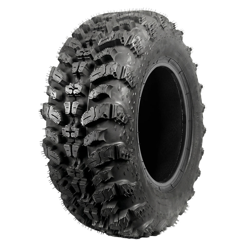 Angled view of the rugged 8-ply radial ATV and UTV Sniper 920 Radial tire by Interco, featuring high traction, lightweight design, responsive, exceptional puncture resistance, great for a wide variety of terrains, smooth and quiet performance, offered with free shipping and available in 12", 14", and 15" rim sizes, all sizes offered with free shipping.