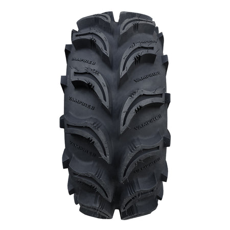 Close-up view of tread pattern and large deep lugs on Vampire 2 UTV, SxS, and ATV 6-ply tire.