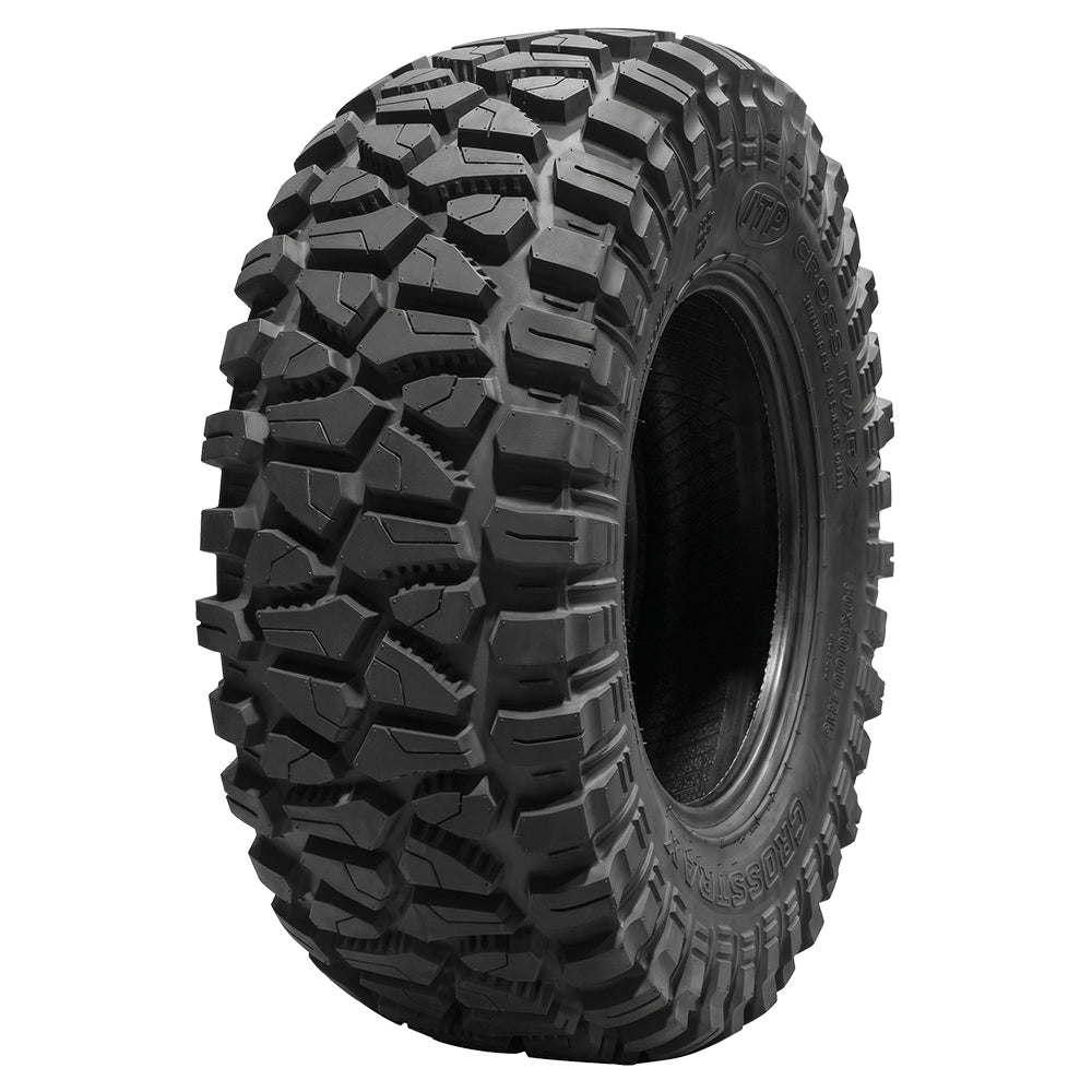Angled high definition view of the ITP CrossTrax RTV, UTV, and Side-by-Side tire, made with strong 8-ply radial construction, aramid reinforced sidewalls, and long wearing lug design and tread compound, designed to be the perfect farm and ranch utv tire, all sizes offered with fast and free shipping.
