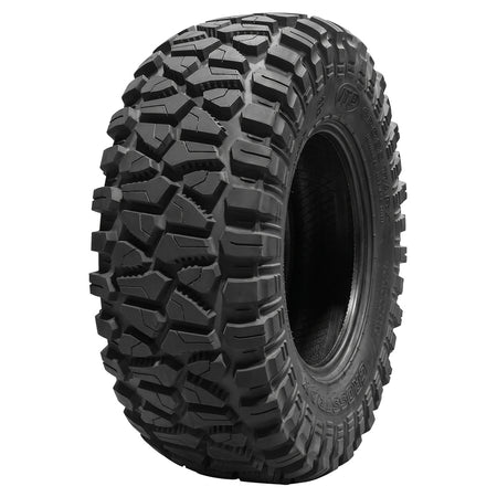 Angled high definition view of the ITP CrossTrax RTV, UTV, and Side-by-Side tire, made with strong 8-ply radial construction, aramid reinforced sidewalls, and long wearing lug design and tread compound, designed to be the perfect farm and ranch utv tire, all sizes offered with fast and free shipping.