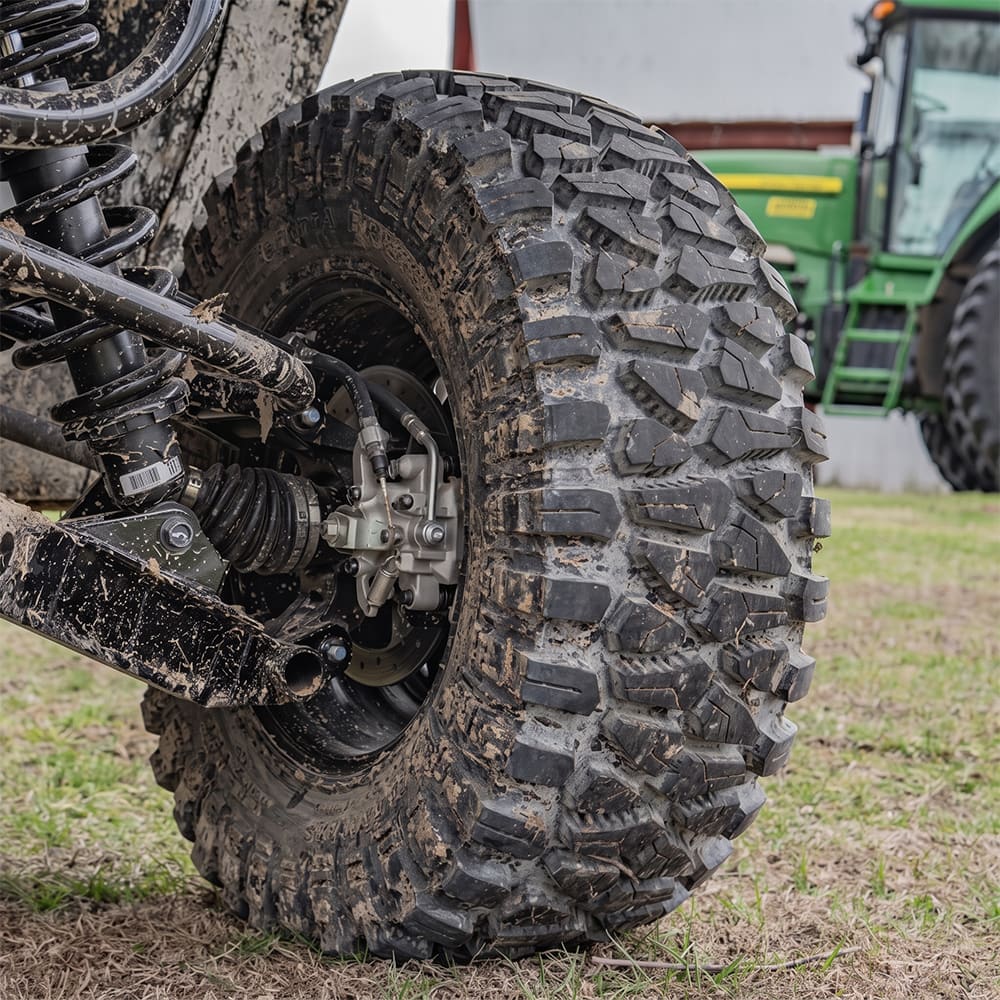 The ITP CrossTrax 8-ply Kevlar reinforced farm and ranch tire mounted on a UTV with a John Deere tractor in the background.
