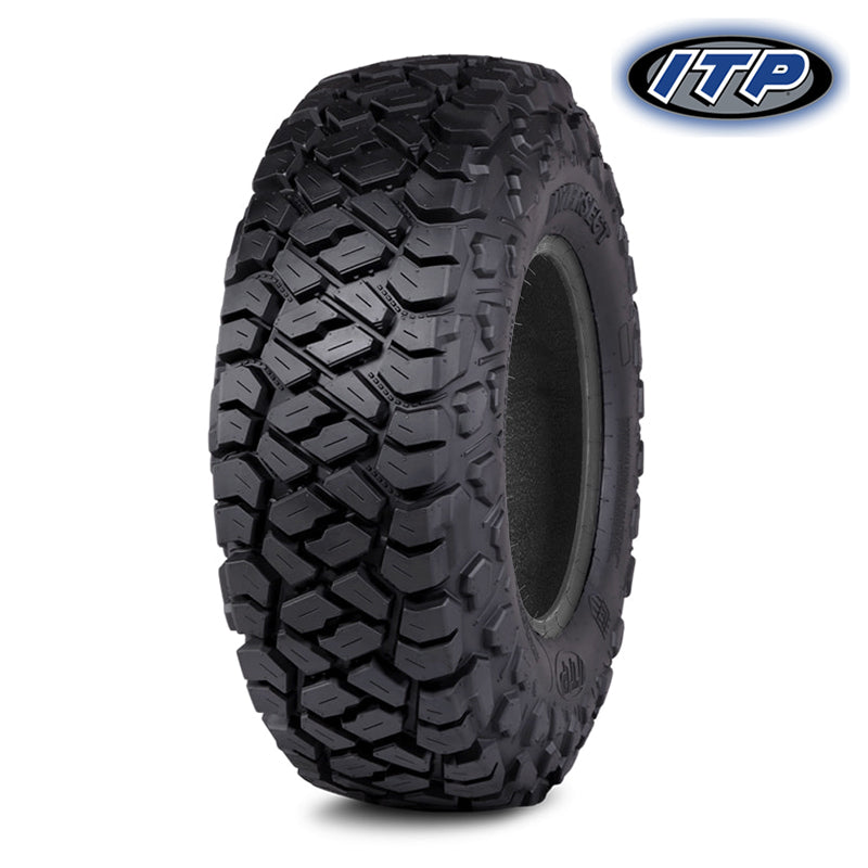 Angled view of ITP Intersect 8-ply Radial UTV and Side-by-side high performance tire with all terrain tread pattern available in 14" and 15" wheel sizes.