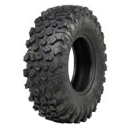 Angled high definition view of the ITP Kinetic UTV and Side-by-Side tire, made with strong 8-ply radial construction, high traction lug design and tread pattern, strategic inter-lug stone ejectors, and effective siping and pocketed lug design, all sizes offered with fast and free shipping.