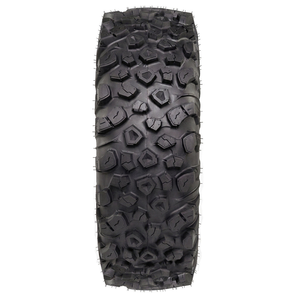 Full tread pattern view of the all new ITP Kinetic UTV tire, showcasing the open tread design, pocketed lugs, strategic siping, and aggressilve open shoulder lugs with stone ejector texture.