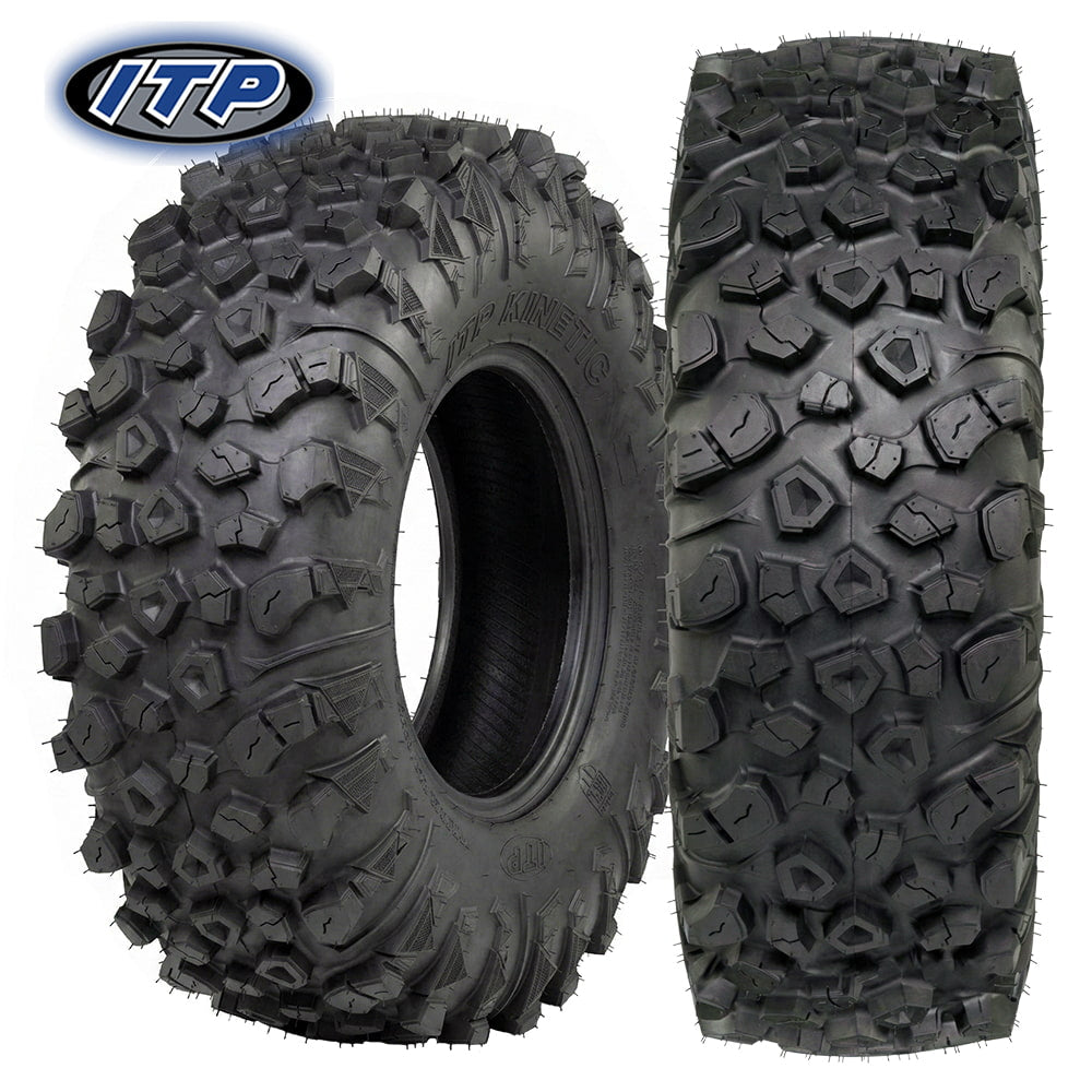 Main product listing photo of the all new ITP Kinetic UTV / SXS tire, made with strong 8-ply radial construction and featuring a high traction all-terrain design, available in 14" and 15" rim sizes, for sale by Ride or Die tire.
