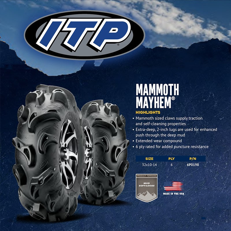 Promotional photo of the heavy duty larger ITP Mammoth Mayhem ATV and UTV tire with highlight features and sizes / specifications.