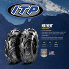 Promotional photo of the off-road Mayhem ATV and UTV tire with highlight features and sizes, for 12" wheels. / specifications.