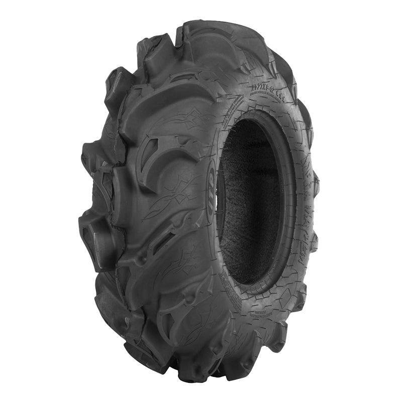 Angled view of the 26x9-12 ITP Mayhem front tire designed for ATV and UTV mud terrain applications.