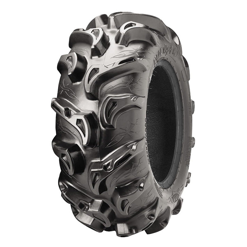 Angled view of the ITP Mega Mayhem rear tire - 6-ply - designed for UTV, ATV, and SXS mud and soft terrain applications.