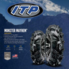 Promotional photo of the heavy duty larger ITP Monster Mayhem ATV and UTV tire with highlight features and sizes / specifications.